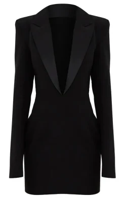 Black Tailored Satin Lapel Blazer Dress