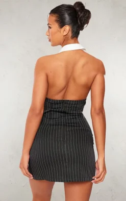 Black Tailored Woven Pin Stripe Contrast Collar Bodycon Dress