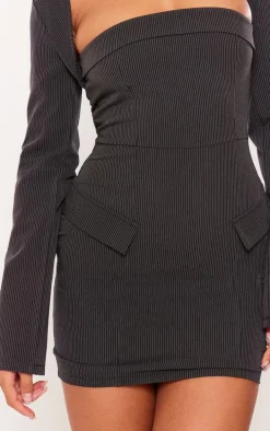 Black Tailored Woven Pinstripe Pocket Bodycon Dress