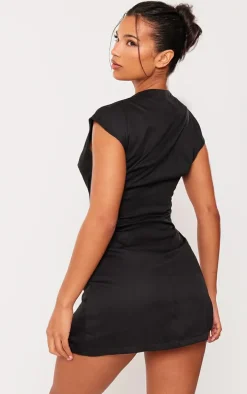 Black Tailored Woven Pocket Plunge Shift Dress