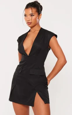 Black Tailored Woven Pocket Plunge Shift Dress