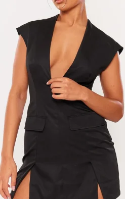 Black Tailored Woven Pocket Plunge Shift Dress