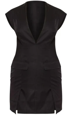 Black Tailored Woven Pocket Plunge Shift Dress