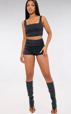 Black Tailored Woven Seam Detail Straight Neck Crop Top