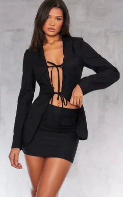 Black Tailored Woven Tie Front Longline Blazer
