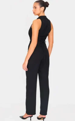 Black Tailored Woven Vest Lace Up Detail Jumpsuit