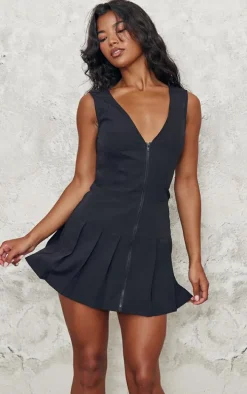 Black Tailored Woven Zip Pleated Shift Dress