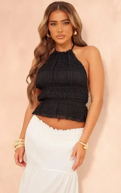 Black Texture Frill Halter Neck Top