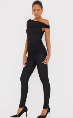 Black Textured Asymmetric Corset Detail Jumpsuit
