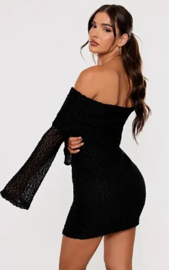 Black Textured Bardot Flare Long Sleeve Mini Dress