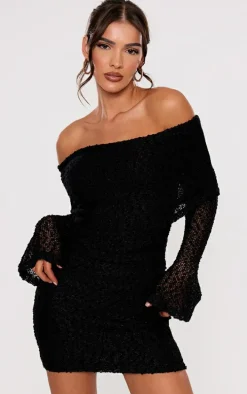 Black Textured Bardot Flare Long Sleeve Mini Dress