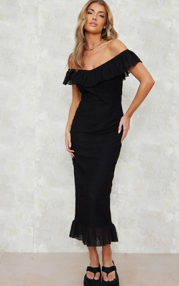 Black Textured Bardot Frill Detail Midaxi Dress