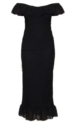 Black Textured Bardot Frill Detail Midaxi Dress