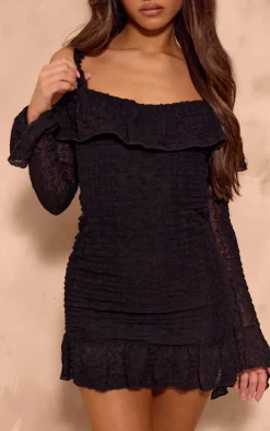 Black Textured Bardot Frill Hem Bodycon Dress