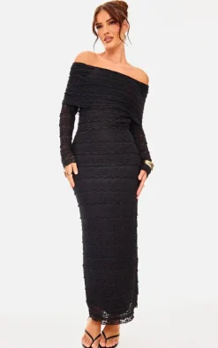 Black Textured Bardot Maxi Dress