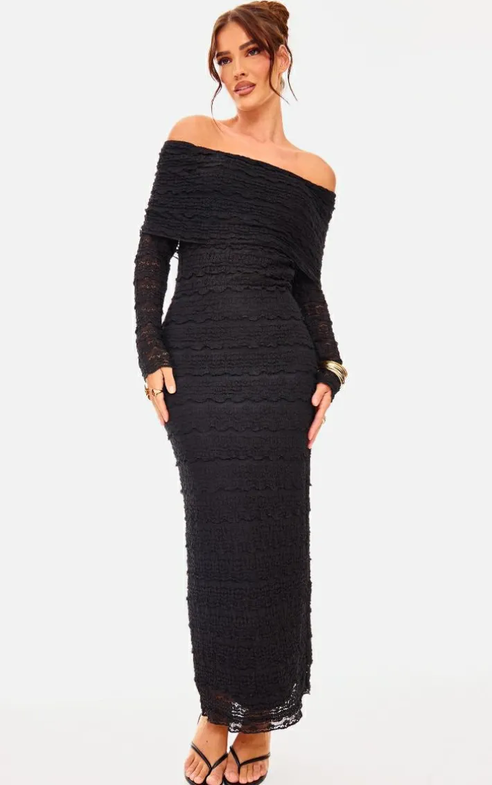 Black Textured Bardot Maxi Dress