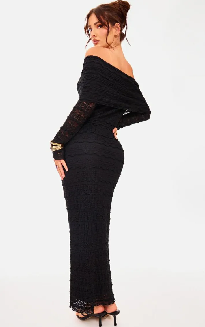 Black Textured Bardot Maxi Dress