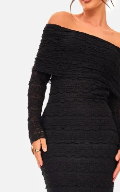 Black Textured Bardot Maxi Dress