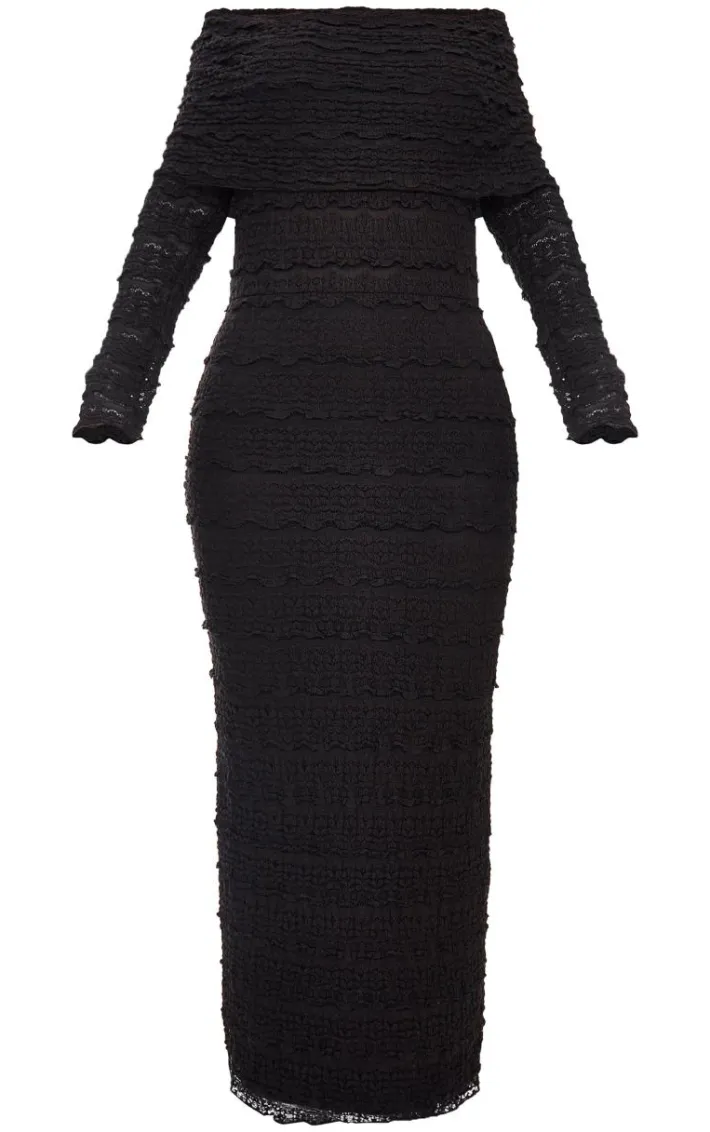 Black Textured Bardot Maxi Dress