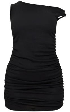 Black Textured Boat Neck Sleeveless Bodycon Dress