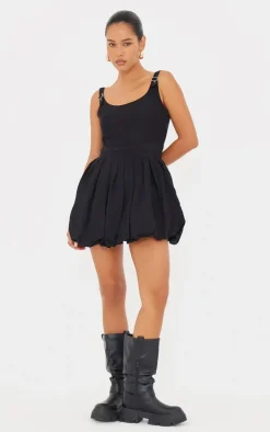 Black Textured Buckle Strap Puffball Dress