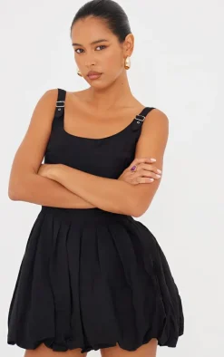 Black Textured Buckle Strap Puffball Dress