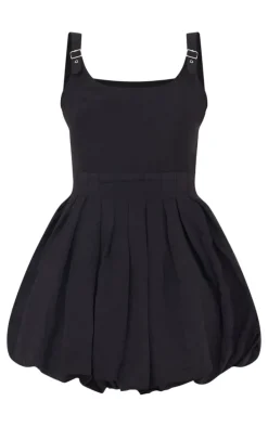 Black Textured Buckle Strap Puffball Dress