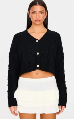 Black Textured Cable Knit Cropped Cardigan