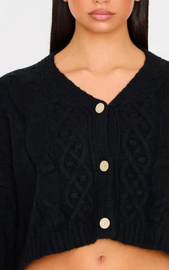 Black Textured Cable Knit Cropped Cardigan