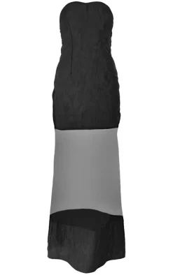 Black Textured Chiffon Mesh Detail Bandeau Maxi Dress