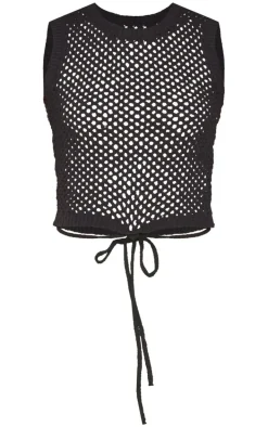 Black Textured Crochet Tie Detail Racer Neck Top