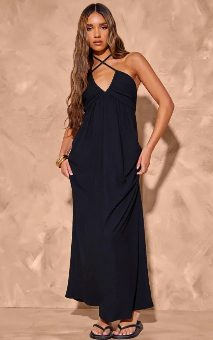 Black Textured Cross Halterneck Maxi Dress