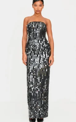 Black Textured Disk Sequin Maxi Dress