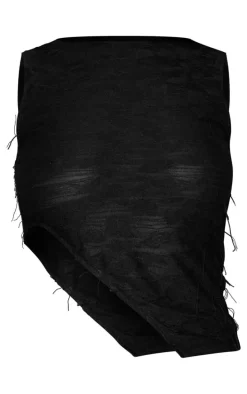 Black Textured Distressed Asymmetric Hem Crop Top