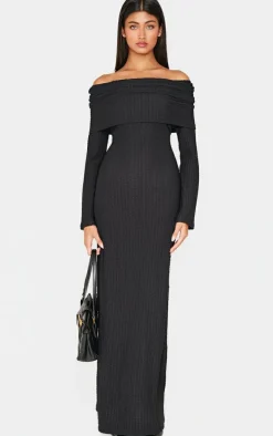 Black Textured Extreme Fold Over Long Sleeve Maxi Dress