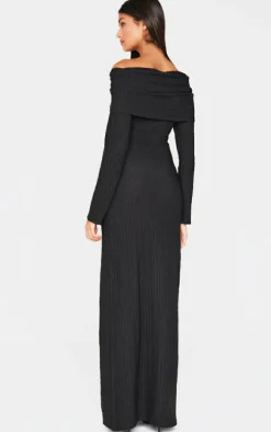 Black Textured Extreme Fold Over Long Sleeve Maxi Dress