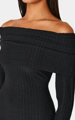 Black Textured Extreme Fold Over Long Sleeve Maxi Dress