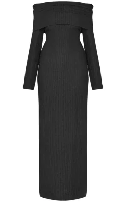 Black Textured Extreme Fold Over Long Sleeve Maxi Dress