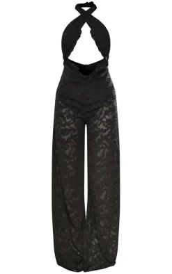 Black Textured Floral Cross Front Jumpsuit