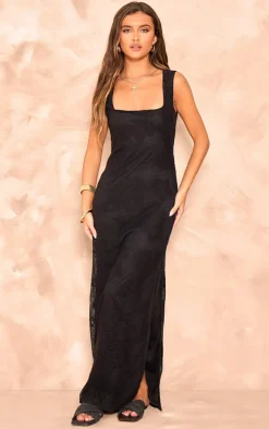 Black Textured Floral Square Neck Maxi Dress