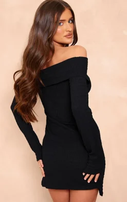 Black Textured Fold Over Bardot Shift Dress
