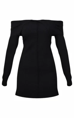 Black Textured Fold Over Bardot Shift Dress