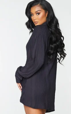 Black Textured Gathered Detail Long Sleeve Shirt Dress