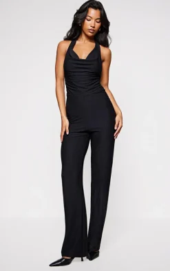 Black Textured Halterneck Wide Leg Cowl Jumpsuit