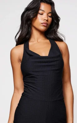 Black Textured Halterneck Wide Leg Cowl Jumpsuit
