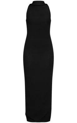 Black Textured High Neck Midaxi Dress