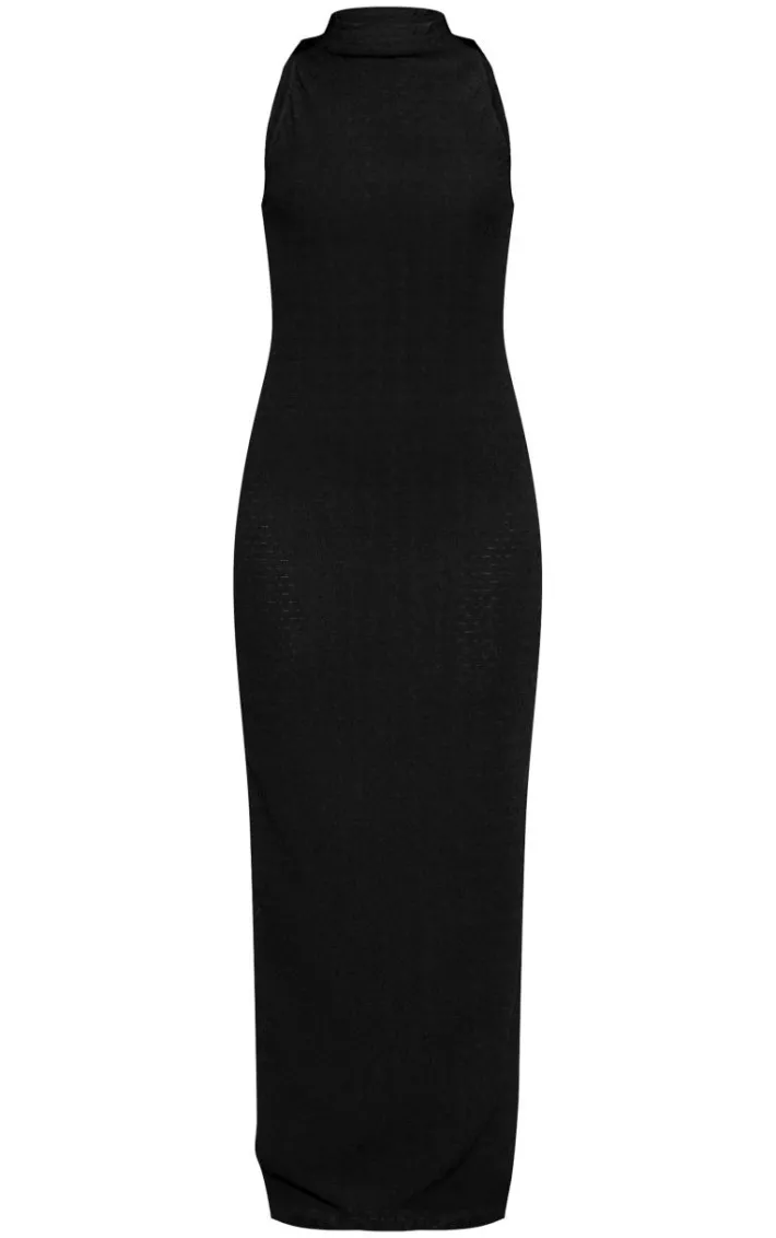 Black Textured High Neck Midaxi Dress