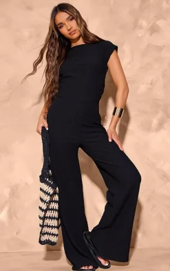 Black Textured Jersey Boat Neck Jumpsuit