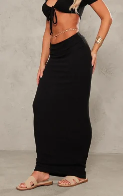 Black Textured Jersey Low Rise Midaxi Skirt