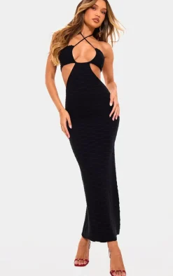 Black Textured Knit Cut Out HalterNeck Maxi Dress